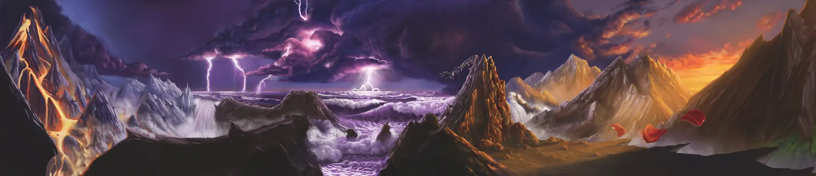 Panoramic oil painting of a stormy sea and mountains