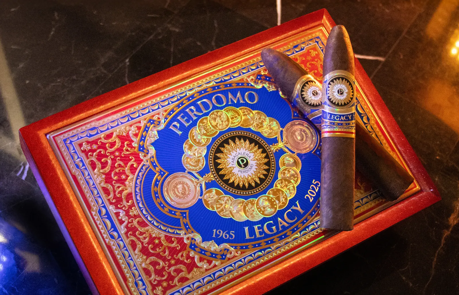 Perdomo Legacy 1965 2025 cigar box with two cigars