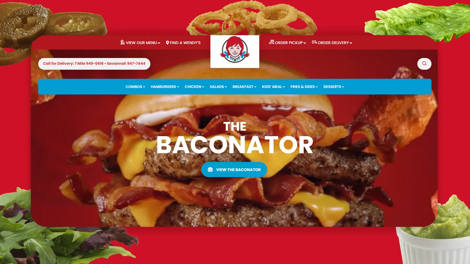Wendy's desktop homepage featuring the Baconator